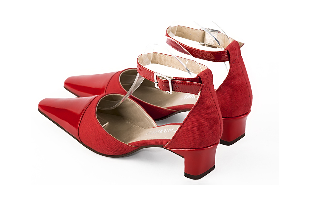 Women's scarlet red and cardinal red open side dress shoes, with a strap around the ankle. Tapered toe. Low kitten heels - Rear view
